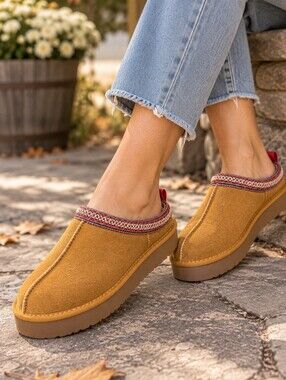 French Connection Tan Faux Shearling Lined Suede Slip-On Mules Clogs Casual Boho